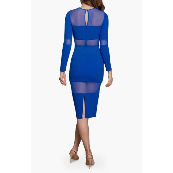 DRESS THE POPULATION Ilaria Dress XXL Blue Long Sleeve Midi Mesh Cut-Outs NWT - Picture 3 of 13